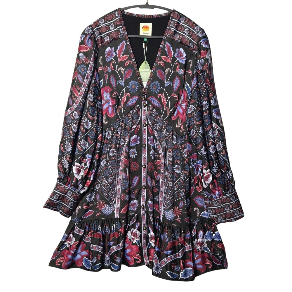 FARM Rio Marcelle Floral Mini Dress XL Black Boho Long Sleeve V Neck NWT - Picture 2 of 16